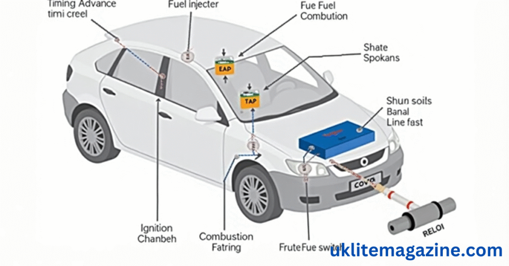 Diagram showing how a Timing Advance Processor connects to a vehicle’s ECU and ignition system in a dual-fuel (CNG/LPG) setup