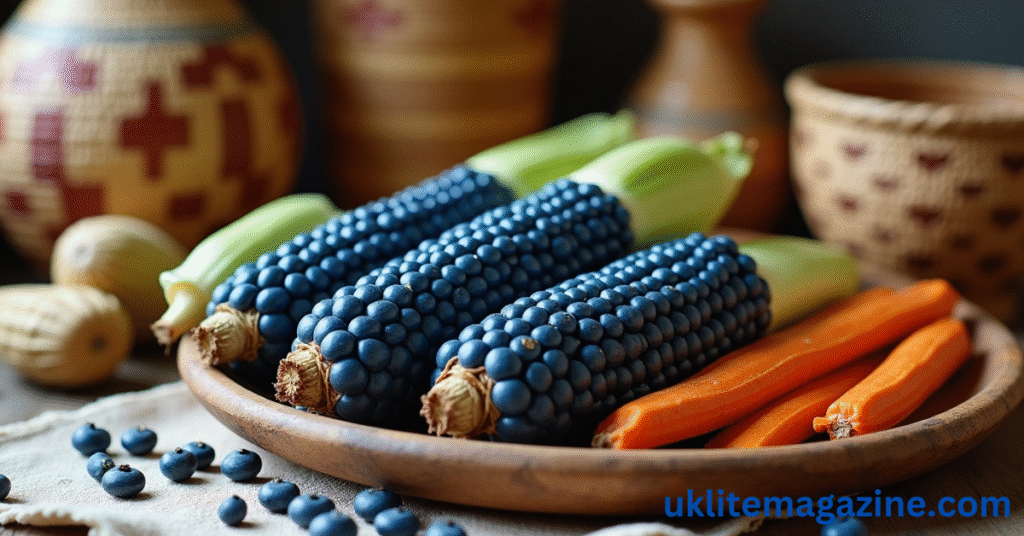Fresh blue corn cobs and blue cornmeal on a rustic kitchen table
