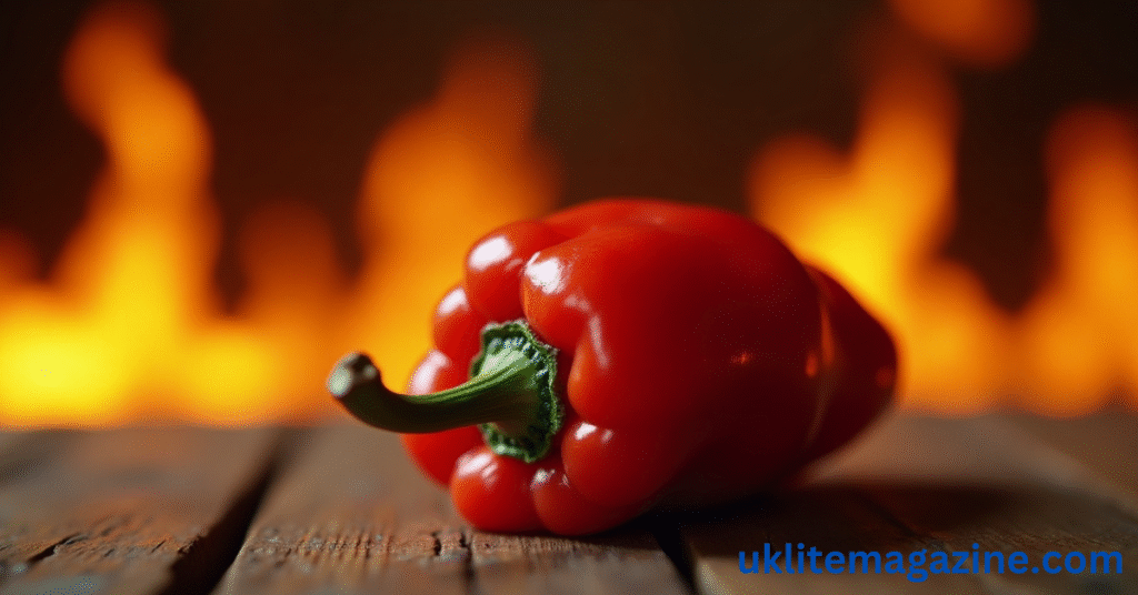 Close-up of a red ghost pepper with Scoville scale heat levels in the background