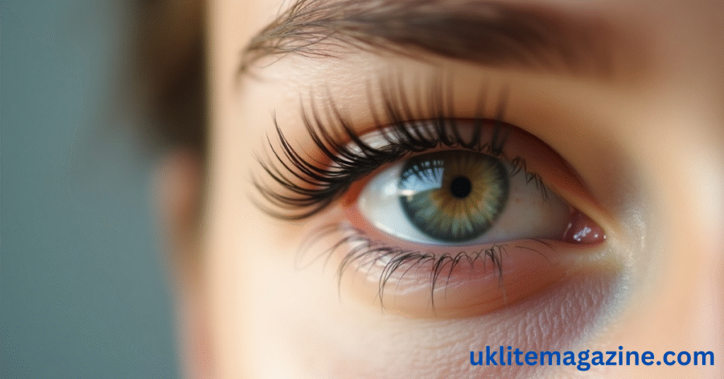Close-up of a woman’s eye with long lashes and visible tears