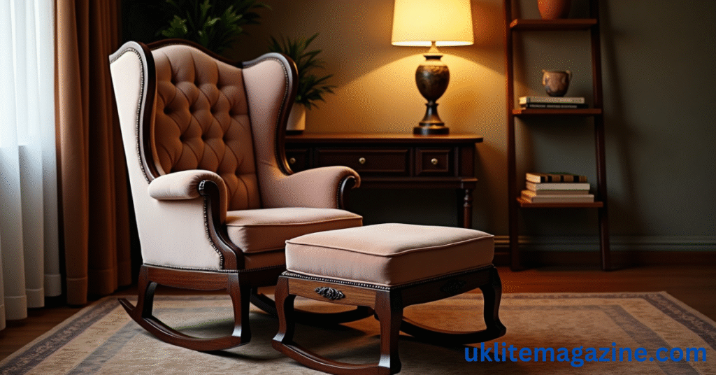 A tall-backed high rocking chair with cushions in a cozy living room corner.