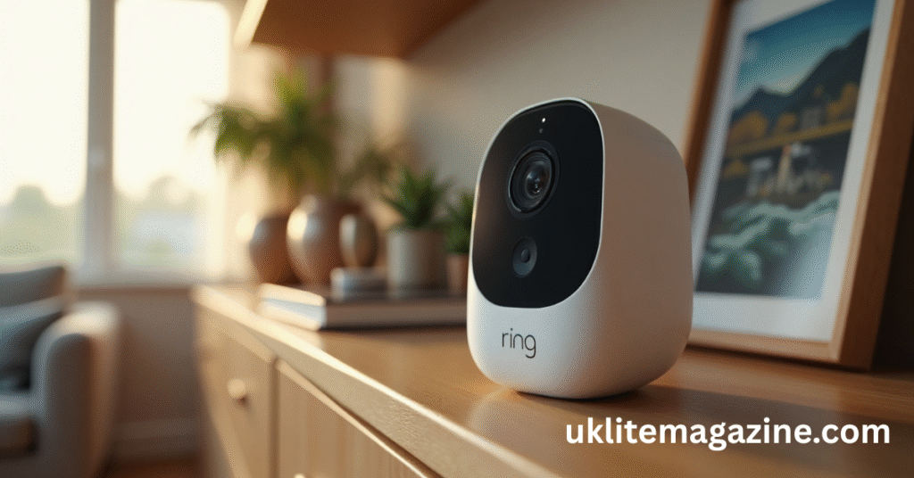 Ring indoor security camera placed on a wooden shelf in a home setting with a blurred photo frame in the background.