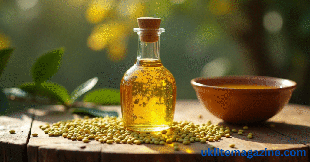 Glass bottle of fenugreek oil with seeds and spa elements