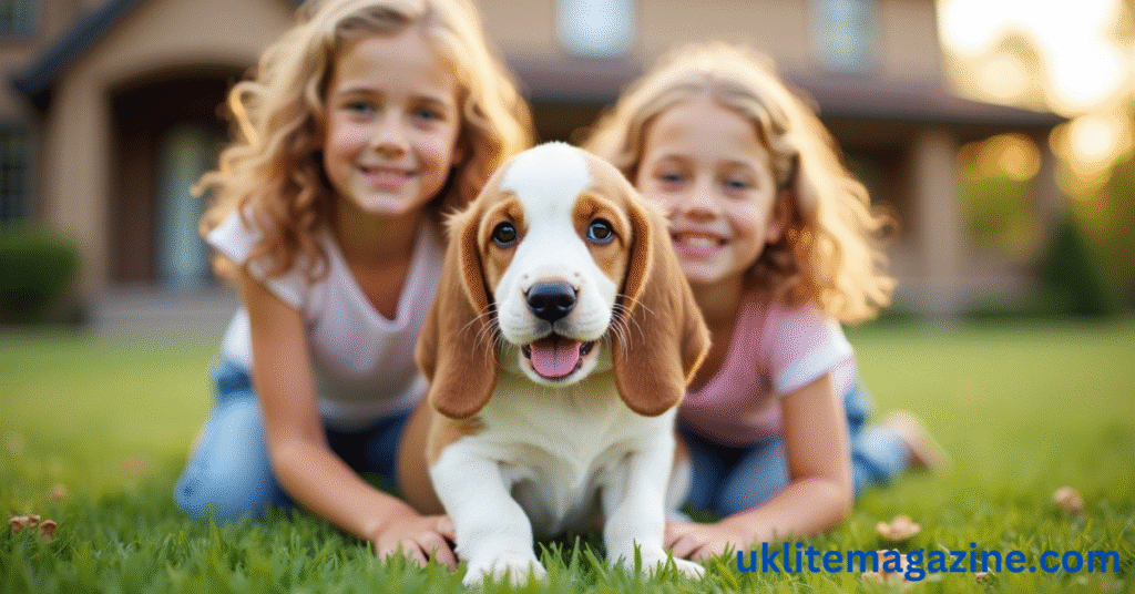 Bassets puppy sitting with children on a grassy lawn in front of a home.