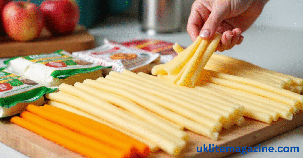 Different types of string cheese sticks on a wooden board, including peeled and twisted varieties.