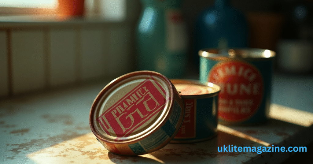 Canned tuna with a recall warning label on a kitchen counter.